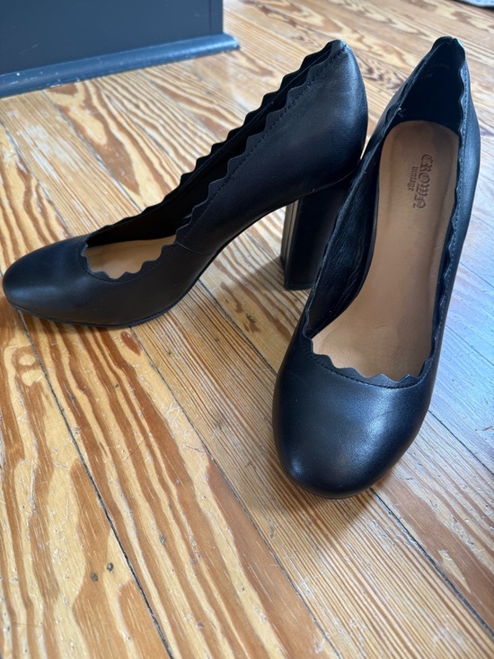 Crown Vintage Shoes - Crown Vintage Black Scalloped Vamp Block Heel Pumps - Willow Style